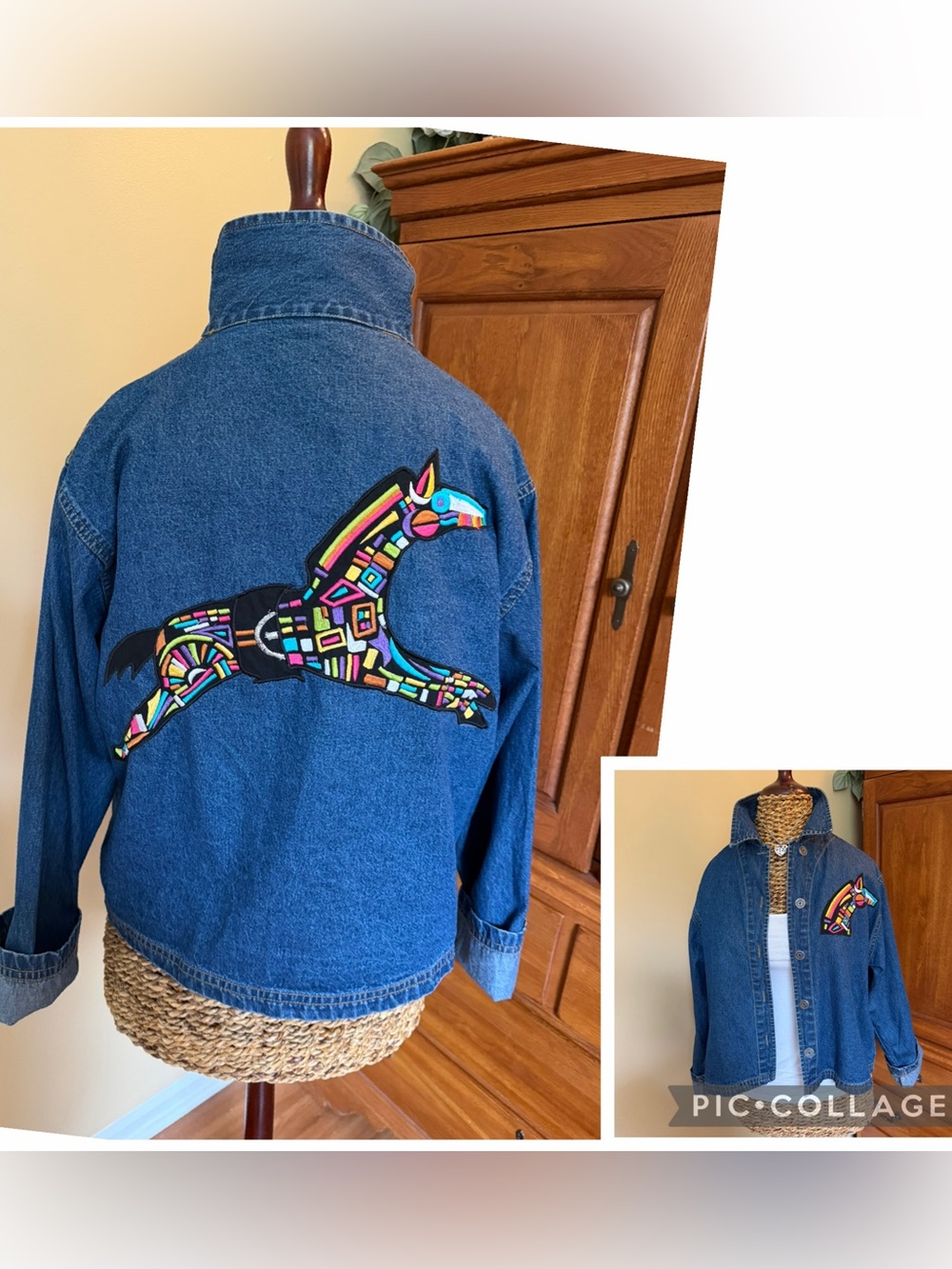 Denim jacket horse art rainbow